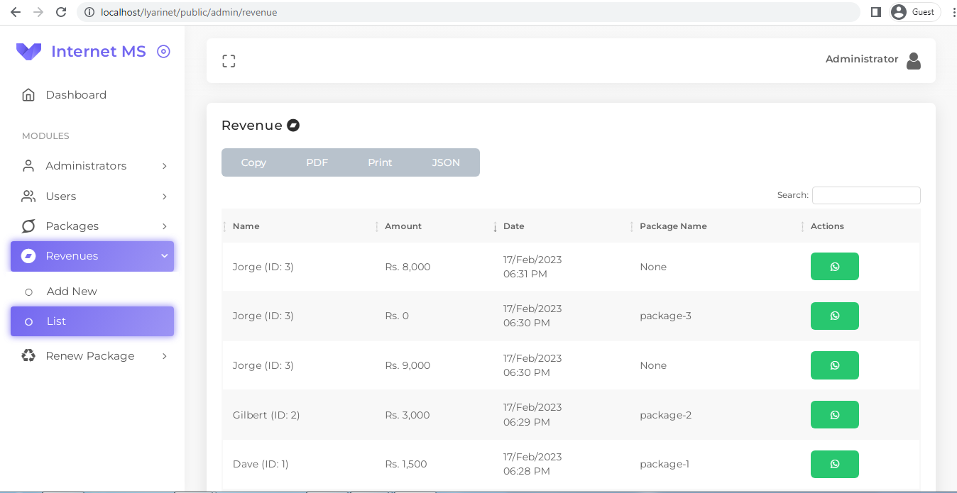 Revenue List (Admin Panel)