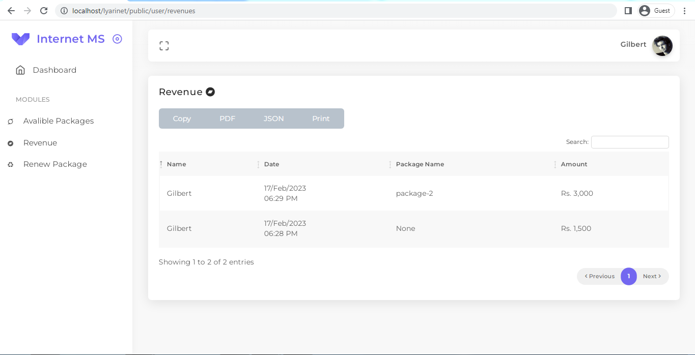 Revenue page (Front Site)
