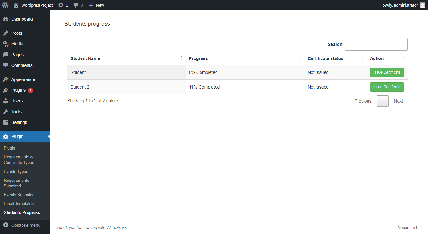Student progress Page