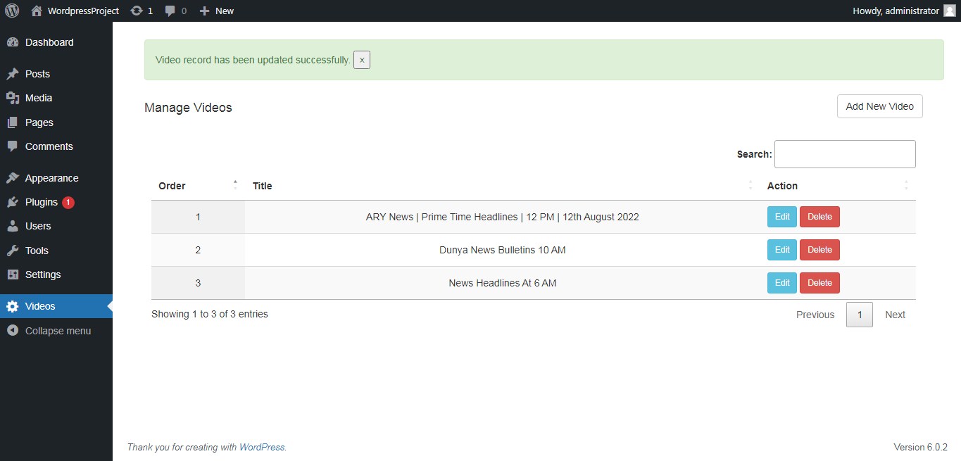 Videos page with Success alert